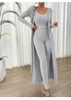 Kadın Yuvarlak Yaka Askılı Krop Bluz Yüksek Bel Tayt Ve Uzun Hırka şardonlu Kaşkorse üçlü Takım