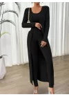 Kadın Yuvarlak Yaka Askılı Krop Bluz Yüksek Bel Tayt Ve Uzun Hırka şardonlu Kaşkorse üçlü Takım