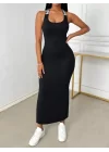 Kadın Yuvarlak Yaka Sırttan çapraz şerit Love Detaylı Yırtmaçlı Viskon Elbise