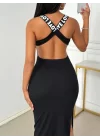 Kadın Yuvarlak Yaka Sırttan çapraz şerit Love Detaylı Yırtmaçlı Viskon Elbise