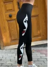 Kadın Yüz Baskılı Dalgıç Kumaş Tayt