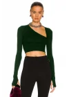 Kadın Zümrüt Yeşili Uzun Kol Ipek Jarse Crop Top