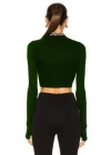 Kadın Zümrüt Yeşili Uzun Kol Ipek Jarse Crop Top