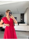 Kadınn V Yaka Düğme Detay Kuşak Dahil Elbise