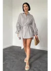 Kahverengi Çizgili Poplin Kuşaklı Gömlek