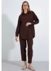 Kahverengi Oversize Keten Alt Üst Takım 6622