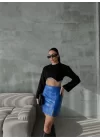 KAPİTONE DERİ ETEK YIRTMAÇLI - Saks