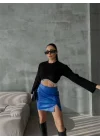 KAPİTONE DERİ ETEK YIRTMAÇLI - Saks