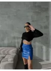 KAPİTONE DERİ ETEK YIRTMAÇLI - Saks