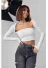 Kara Yaka Uzun Kollu Crop - Beyaz