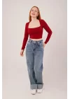Kare Yaka Basic Bordo Bluz