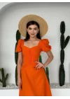 Kare Yaka Düğmeli Elbise