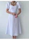 Kare Yaka Düğmeli Elbise