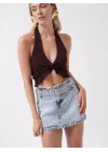 Kemer Detay Denim Mini Etek