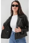 Kemerli Siyah Suni Deri Ceket 0698