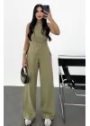 Keten Asimetrik Tek Omuzlu Bluz Pantalon Takım- Su Yeşili