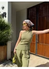 Keten Asimetrik Tek Omuzlu Bluz Pantalon Takım- Su Yeşili
