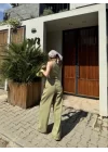 Keten Asimetrik Tek Omuzlu Bluz Pantalon Takım- Su Yeşili