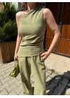Keten Asimetrik Tek Omuzlu Bluz Pantalon Takım- Su Yeşili