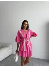 KETEN BEL BÜZGÜLÜ BLUZ-PANTOLON TAKIM - Fuşya