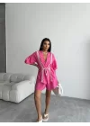 KETEN BEL BÜZGÜLÜ BLUZ-PANTOLON TAKIM - Fuşya