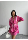 KETEN BEL BÜZGÜLÜ BLUZ-PANTOLON TAKIM - Fuşya