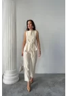 KETEN BLUZ - PANTOLON TAKIM MASSİMO MODELSCREAT KUMAŞ - Bej