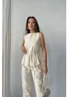 KETEN BLUZ - PANTOLON TAKIM MASSİMO MODELSCREAT KUMAŞ - Bej