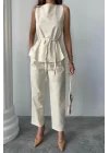 KETEN BLUZ - PANTOLON TAKIM MASSİMO MODELSCREAT KUMAŞ - Bej
