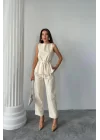 KETEN BLUZ - PANTOLON TAKIM MASSİMO MODELSCREAT KUMAŞ - Bej