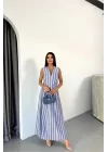 KETEN ÇİZGİLİ YELEK - UZUN ETEK TAKIM - Mavi