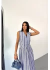 KETEN ÇİZGİLİ YELEK - UZUN ETEK TAKIM - Mavi