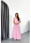 KETEN ÇİZGİLİ YELEK - UZUN ETEK TAKIM - Pembe