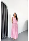 KETEN ÇİZGİLİ YELEK - UZUN ETEK TAKIM - Pembe