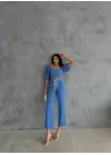KETEN CROP KARPUZ KOL BLUZ-PANTOLON HASIR KEMERLİ - Mavi
