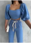 KETEN CROP KARPUZ KOL BLUZ-PANTOLON HASIR KEMERLİ - Mavi