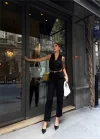KETEN DUBLE PAÇA DERİ TABA KEMERLİ PANTOLON - Siyah