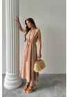 KETEN ELBİSE KOLSUZ BEL BAĞLAMALI MAXİ ELBİSE - Kahverengi
