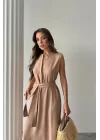 KETEN ELBİSE KOLSUZ BEL BAĞLAMALI MAXİ ELBİSE - Kahverengi