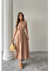 KETEN ELBİSE KOLSUZ BEL BAĞLAMALI MAXİ ELBİSE - Kahverengi
