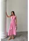 KETEN ELBİSE KOLSUZ BEL BAĞLAMALI MAXİ ELBİSE - Pembe