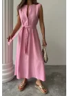 KETEN ELBİSE KOLSUZ BEL BAĞLAMALI MAXİ ELBİSE - Pembe
