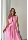 KETEN ELBİSE KOLSUZ BEL BAĞLAMALI MAXİ ELBİSE - Pembe