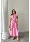KETEN ELBİSE KOLSUZ BEL BAĞLAMALI MAXİ ELBİSE - Pembe