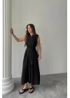KETEN ELBİSE KOLSUZ BEL BAĞLAMALI MAXİ ELBİSE - Siyah