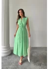 KETEN ELBİSE KOLSUZ BEL BAĞLAMALI MAXİ ELBİSE - Yeşil