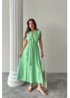 KETEN ELBİSE KOLSUZ BEL BAĞLAMALI MAXİ ELBİSE - Yeşil