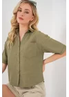 Keten Görünümlü Crop Gömlek 20339 - Çağla