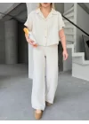 Keten Kısa Kollu Gömlek Pantolon Ikili Takım - Beyaz