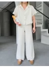 Keten Kısa Kollu Gömlek Pantolon Ikili Takım - Beyaz